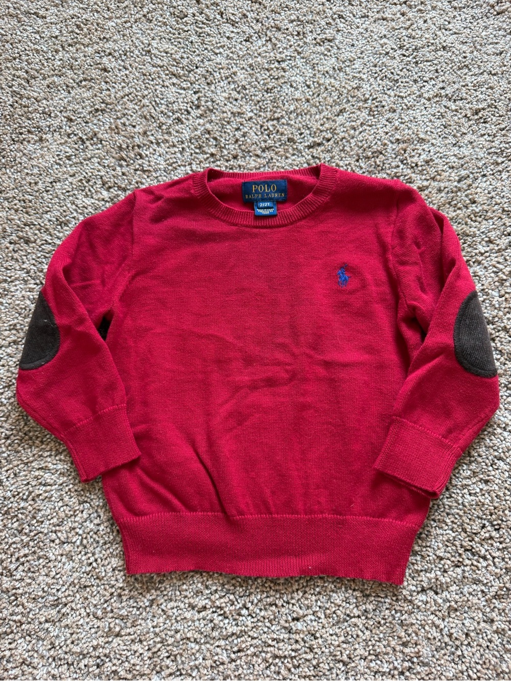 POLO RALPH LAUREN Bright Red Lightweight Elbow Patch Crewneck Sweater